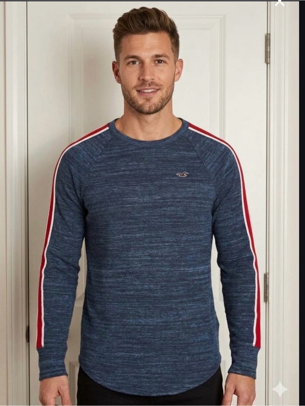 Hollister Men's Navy Crewneck Sweatshirt with Red Stripe. Size S/M